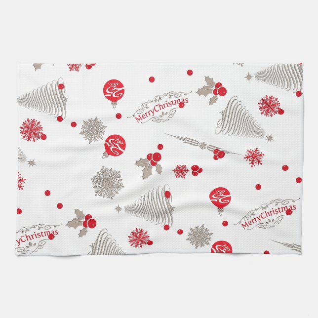Red and Silver Christmas Kitchen Towel 16" x 24" (Horizontal)