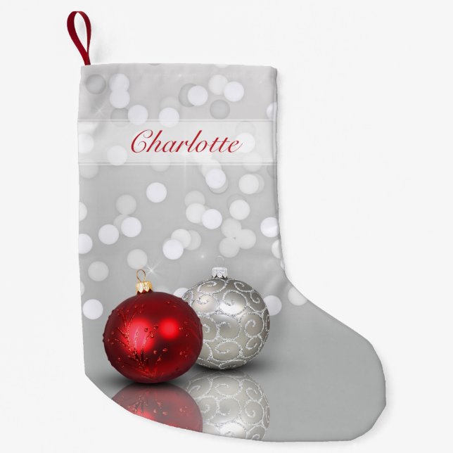 Red and Silver Christmas Ornaments Elegant Small Christmas Stocking (Front)