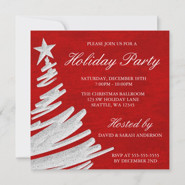 Red and Silver Christmas Tree Holiday Party Invitation (Front)