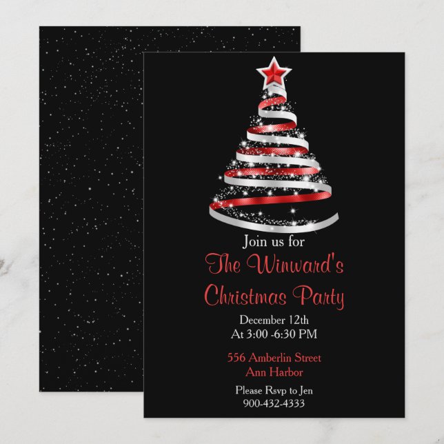 Red and Silver Christmas Tree Invitation (Front/Back)