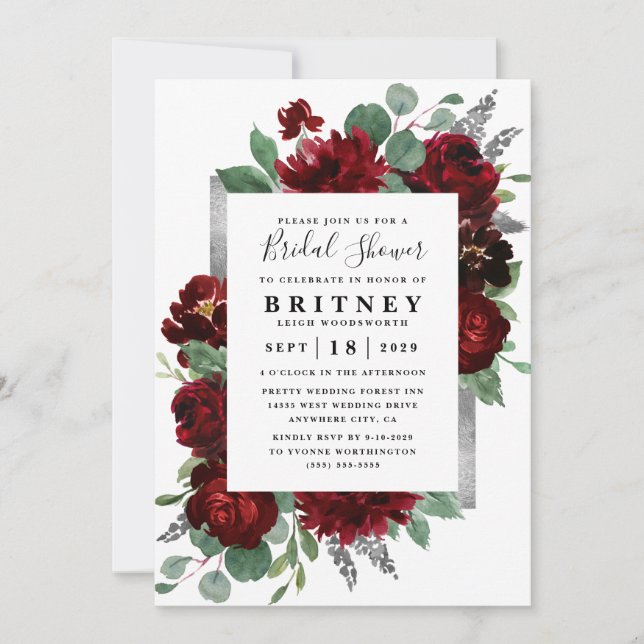 Red and Silver Country Burgundy Rose Bridal Shower Invitation (Front)
