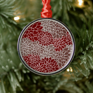 Red and silver dahlias metal ornament