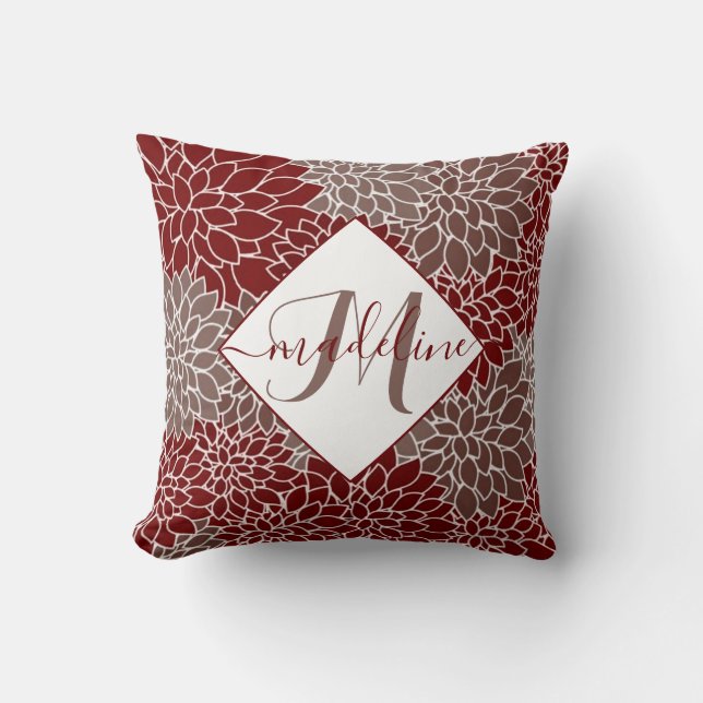 Red and silver dahlias personalized throw pillow (Front)