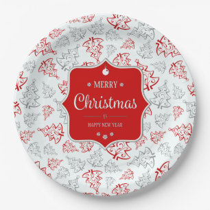 Red and Silver Elegant Christmas Trees Pattern Paper Plate
