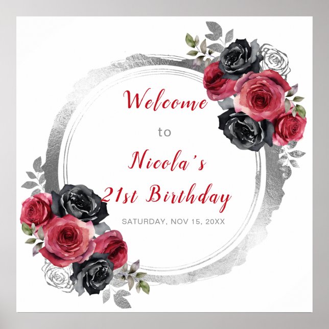 Red and Silver Elegant Flower Birthday Party Poster (Front)