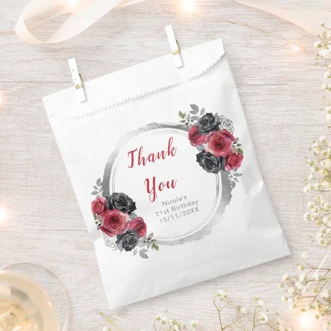 Red and Silver Elegant Flowers Birthday Party Favour Bag (Clipped)