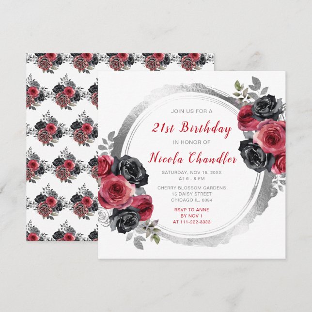 Red and Silver Elegant Flowers Birthday Party Invitation (Front/Back)