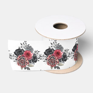 Red and Silver Elegant Flowers  Satin Ribbon