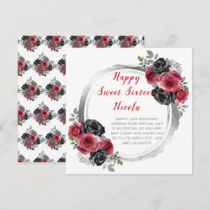 Red and Silver Elegant Flowers Sweet Sixteen Card