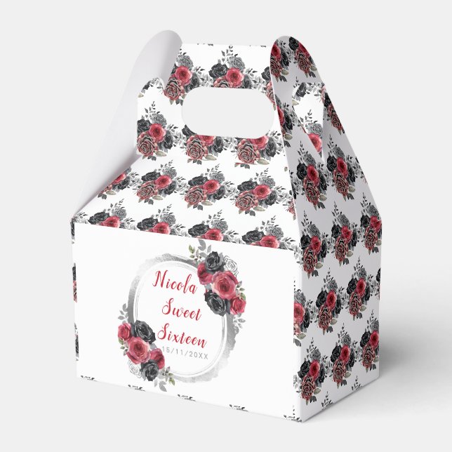 Red and Silver Elegant Flowers Sweet Sixteen Favor Box (Front Side)