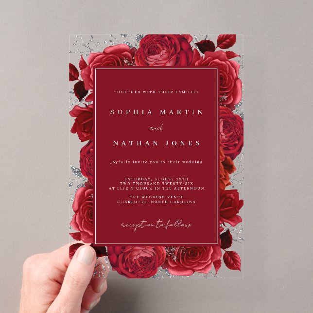 Red And Silver Elegant Rose Clear Wedding Acrylic Invitations (Insitu (Handheld))