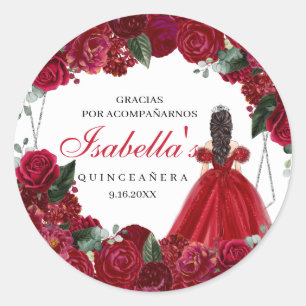 Red and Silver Floral Quinceanera Classic Round S Sticker