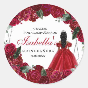 Red and Silver Floral Quinceanera  Classic Round Sticker
