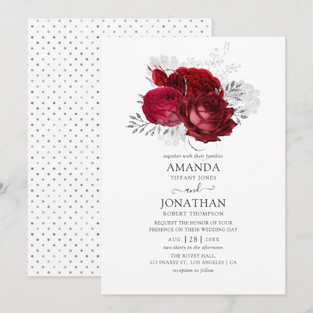 Red and Silver Floral Wedding Invitation (Front/Back)