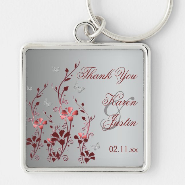 Red and Silver Floral with Butterflies Keychain (Front)