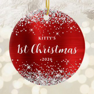 Red and Silver Glitter 1st Christmas Kitten Photo Ceramic Ornament