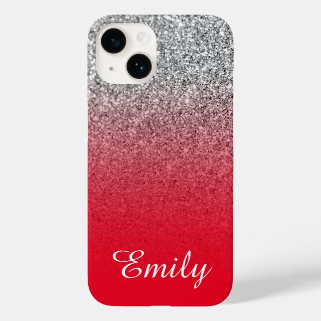 Red and Silver Glitter Ombre Personalized Case-Mate iPhone Case (Back)