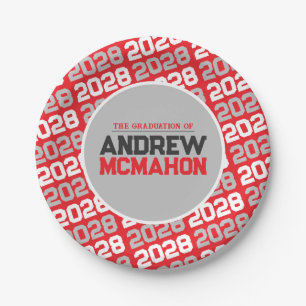 Red and Silver Grey Personalized Graduation Paper Plate