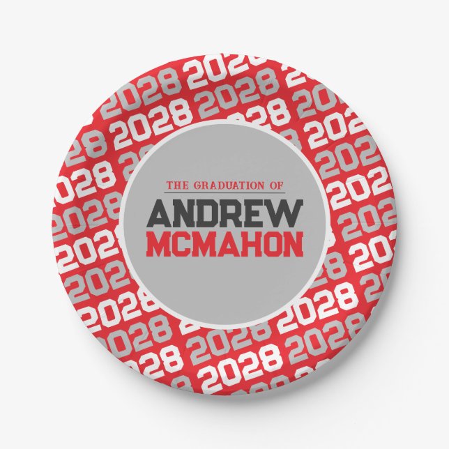 Red and Silver Grey Personalized Graduation Paper Plate (Front)