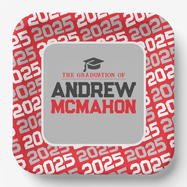 Red and Silver Grey Personalized Graduation Paper Plate (Front)