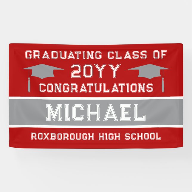 Red and Silver Grey School Colours Graduation Banner (Horizontal)