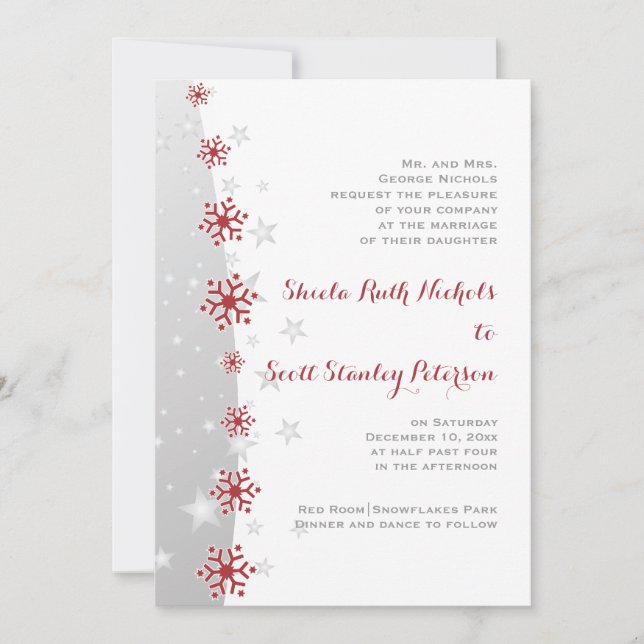 Red and silver grey snowflake wedding invitation (Front)