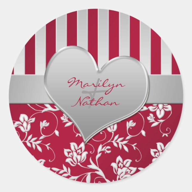 Red and Silver Heart 1.5" Round Wedding Sticker (Front)