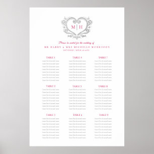 Red and silver heart wreath wedding seating chart