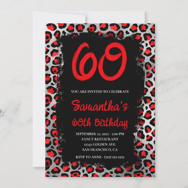 Red and Silver Leopard Painted Black 60th Birthday Invitation (Front)