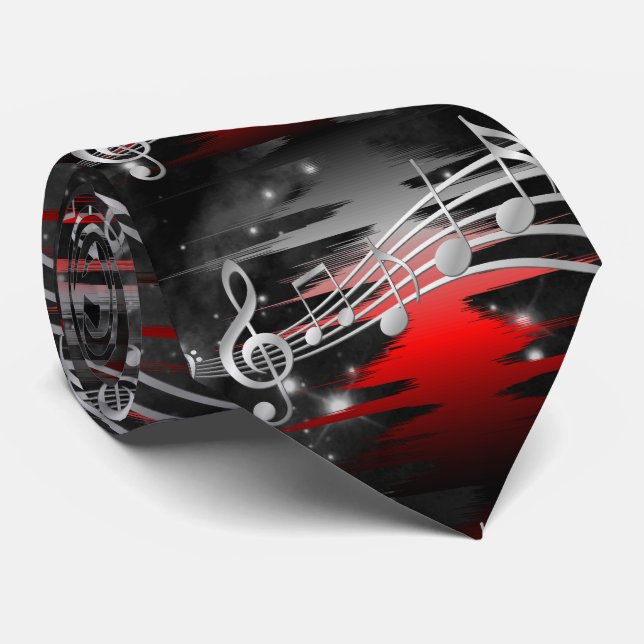 Red and Silver Music Sound Wave and Notes Tie (Rolled)