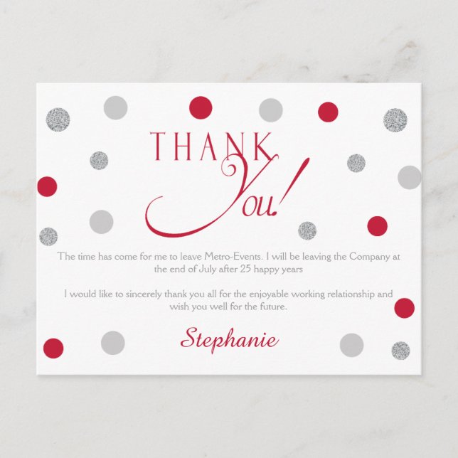 Red and Silver Retirement Thank You Cards (Front)