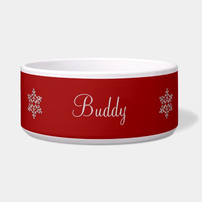 Red and Silver Snowflakes Pet Bowl (Front)