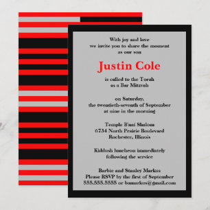 Red and Silver Stripes on Black Bar Mitzvah Invitation