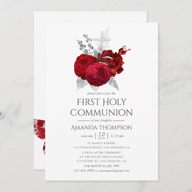Red and Silver Vintage Rose Holy Communion Invitation (Front/Back)