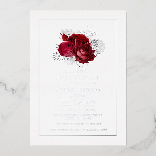 Red and Silver Vintage Roses Baby Shower (Front)