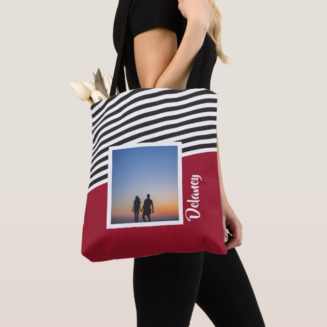 Red and Striped Pattern Personalized Photo Tote Bag (Close Up)
