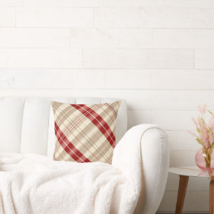 Red and Tan Beige Plaid Pattern Tartan Diagonal Throw Pillow