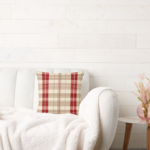 Red and Tan Beige Plaid Pattern Tartan Throw Pillow