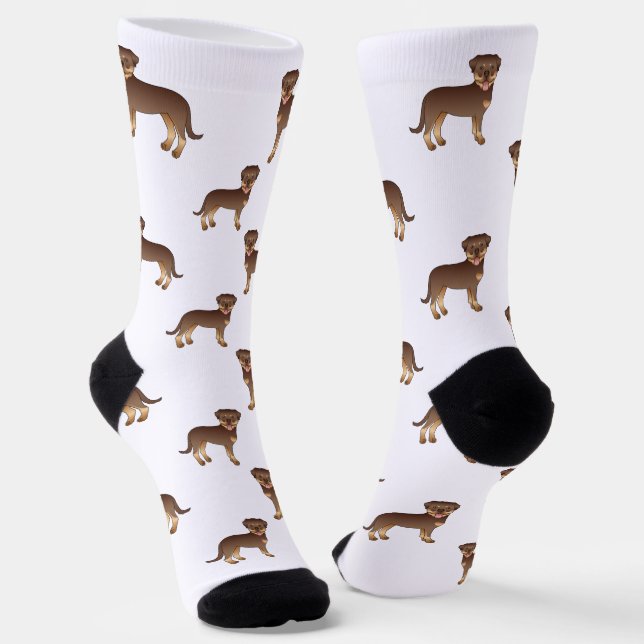 Red And Tan Rottweiler Cute Cartoon Dog Pattern Socks (Angled)