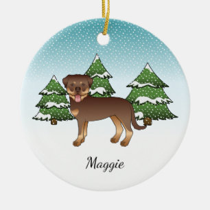 Red And Tan Rottweiler Cute Dog In A Winter Forest Ceramic Ornament