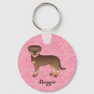 Red And Tan Rottweiler Dog On Pink Hearts & Name Keychain