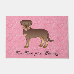 Red And Tan Rottweiler Dog On Pink Hearts & Text Doormat