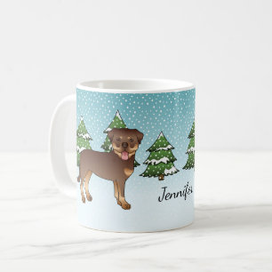 Red And Tan Rottweiler Dogs In A Winter Forest Coffee Mug