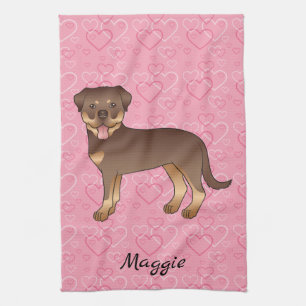 Red And Tan Rottweiler On Pink Hearts & Name Kitchen Towel