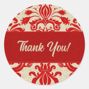 Red and Taupe Damask Thank You Classic Round Sticker
