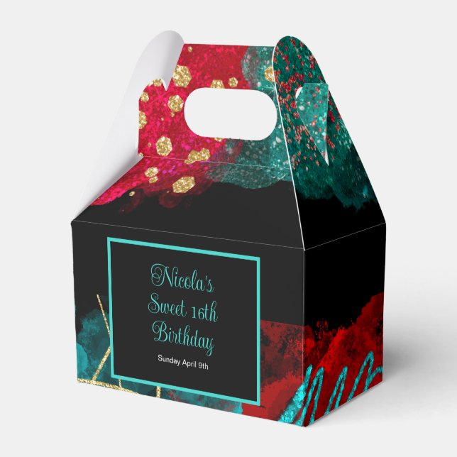 Red and teal Alcohol Ink Sweet 16 Favor Box (Front Side)