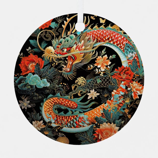 Red and Teal Asian Dragon With Flowers Metal Ornament (Front)