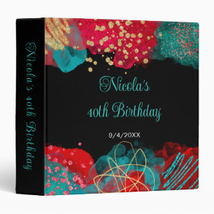 Red and Teal Blue Alcohol Ink Birthday Photo Album Binder