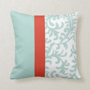 Red and Teal Blue Floral Damask Throw Pillow