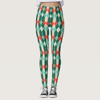 Red and Teal Christmas argyle retro geometric Leggings